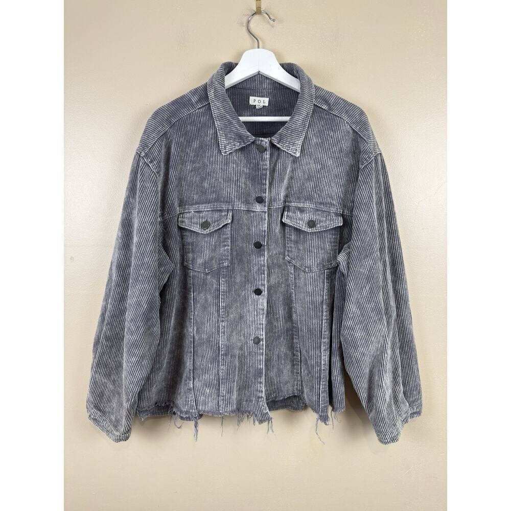 Pol Women’s Corduroy Button Distressed Gray Raw Hem Jacket Plus Size 3XL